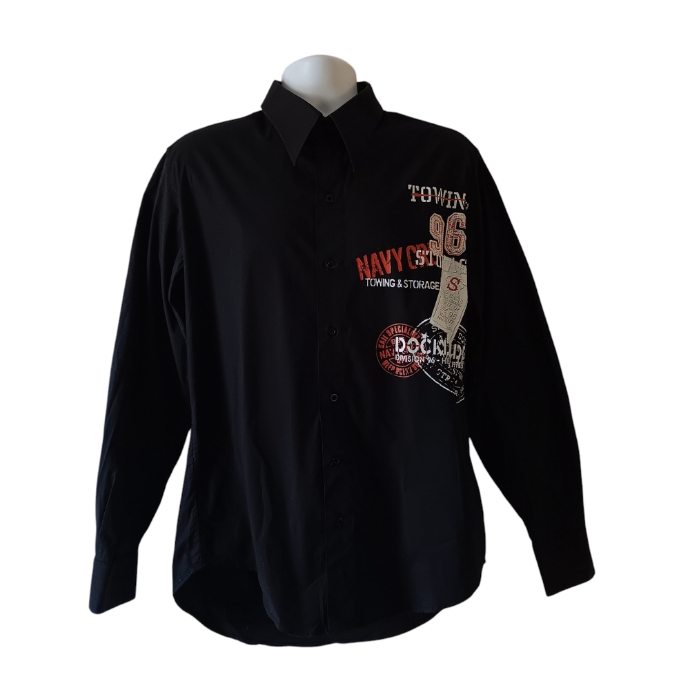 James Lord men's black long sleeve graphic button down shirt size XXL
